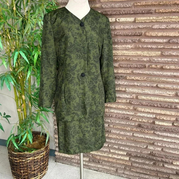 Kasper for ASL Vintage Green Black Roses Tunic Blazer Skirt Suit Size 10 - Picture 1 of 11